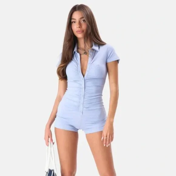 Adika Romper Playsuit Ruched baby blue S - Picture 1 of 9